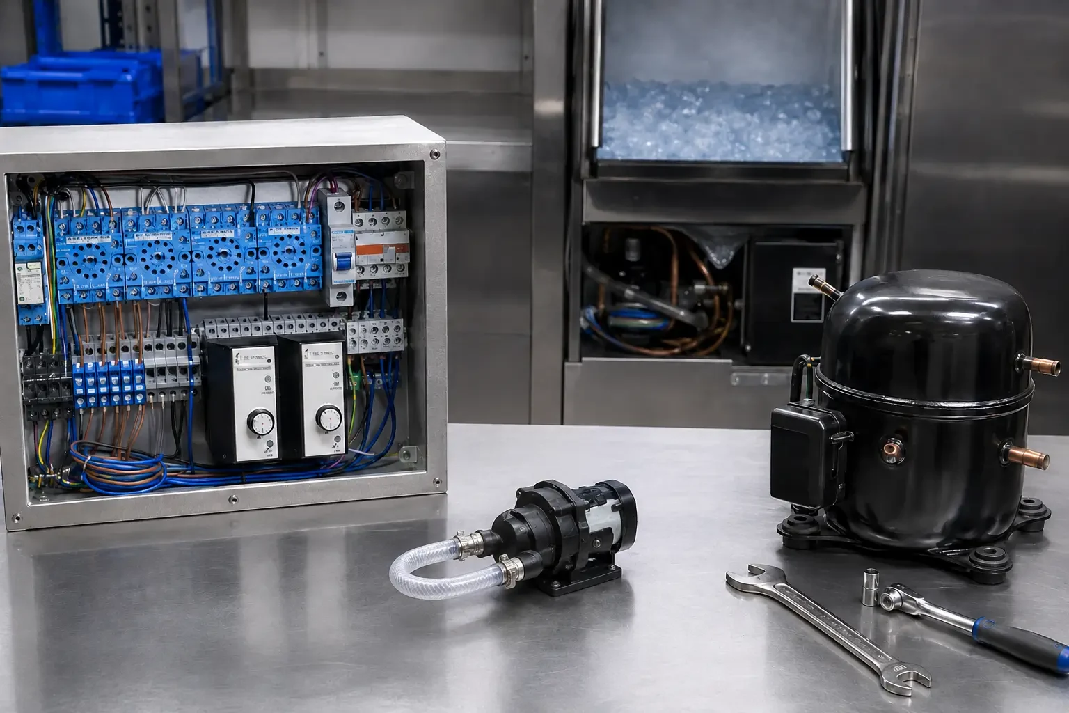 Modular ice-machine control electronics, replacement water pump and refrigeration compressor on a workshop bench