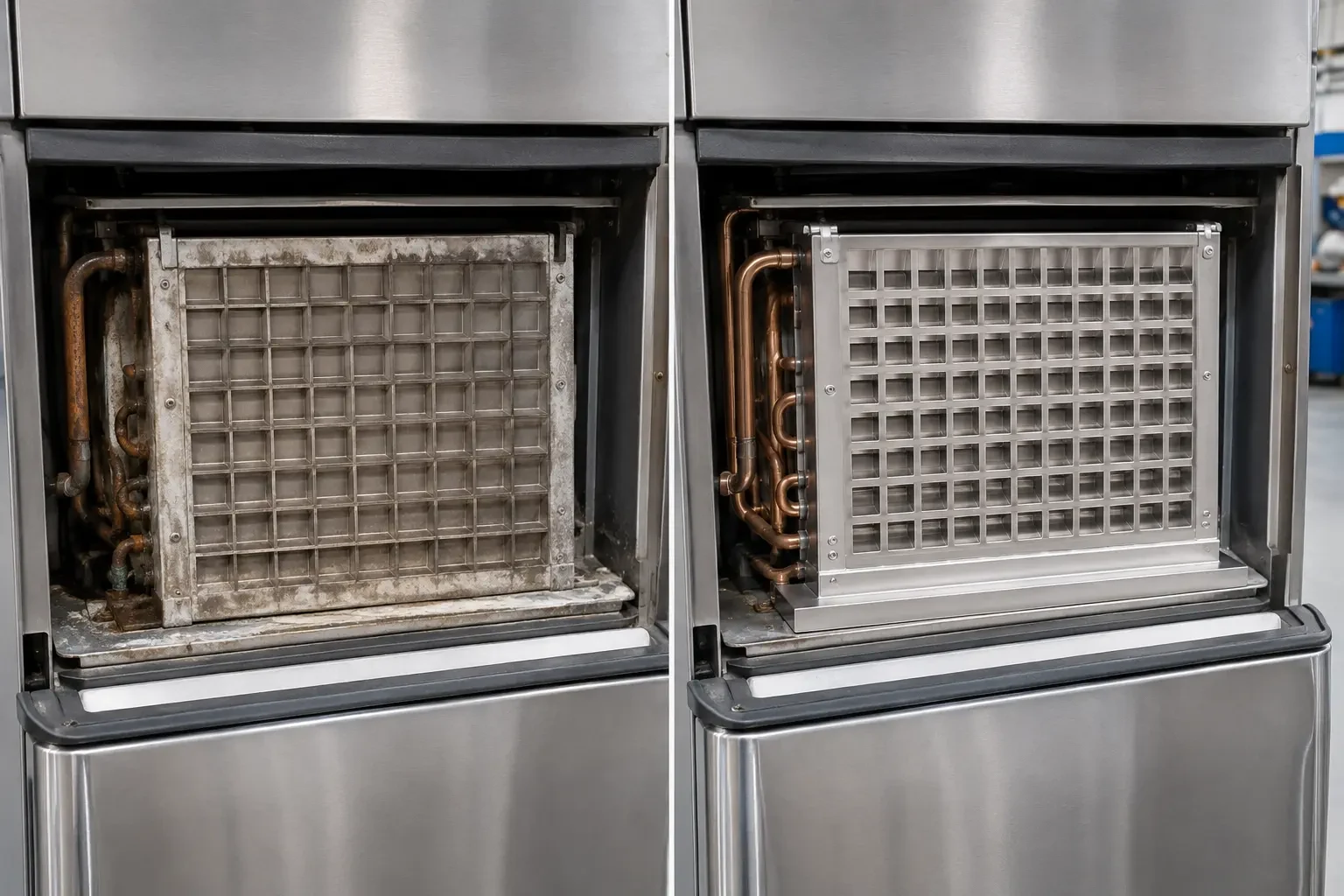 Old worn ice-machine cube-grid evaporator beside a clean replacement evaporator